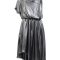 Silver statement dress front showing asymmetric hemline sleeves and draping