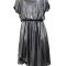 Silver statement dress front showing asymmetric hemline and draping