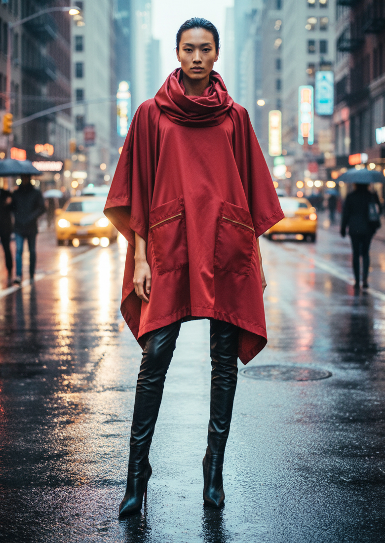 Red waterproof rain poncho with hood worn on a city street, DaRousso zero-waste design.
