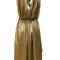 Liquid gold metallic dress back view showing cowl neck and asymmetric hemline